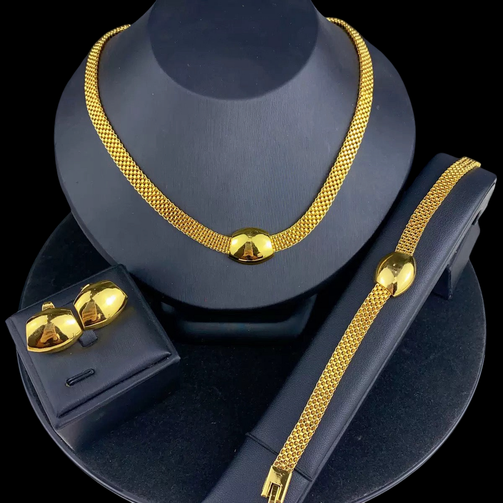 Vintage 24K Gold Plated Geometric Alloy Jewelry Sets for Bridal Wedding Jewelry Bracelet Earrings Necklaces for Women Set
