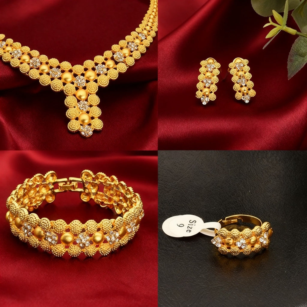 24K Gold Plated Zircon Alloy Fashion Jewelry Set Bracelet Earrings
Necklace Ring Date Party Women Set