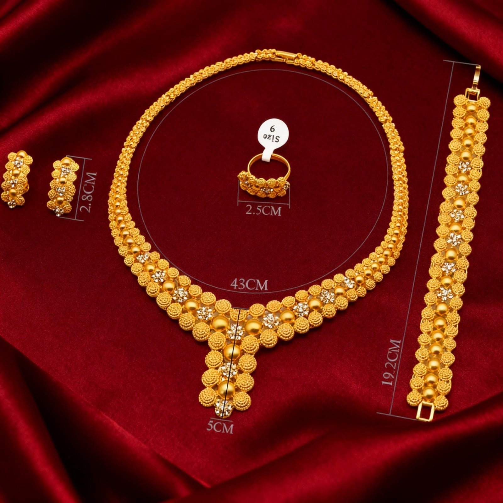 24K Gold Plated Zircon Alloy Fashion Jewelry Set Bracelet Earrings
Necklace Ring Date Party Women Set