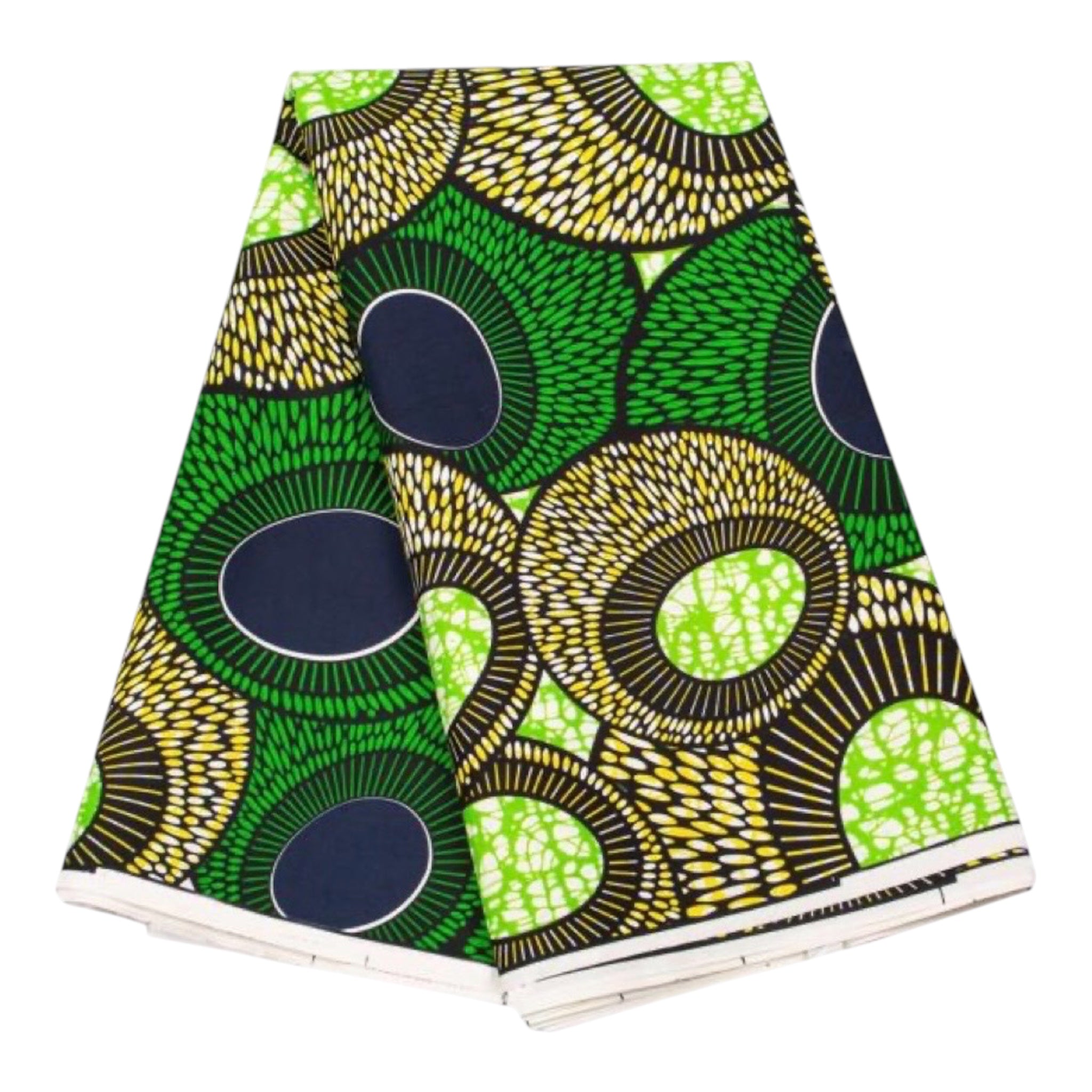 Vibrant African Ankara Wax Fabric Green & Navy Abstract Circular Design – High Quality Cotton Textile