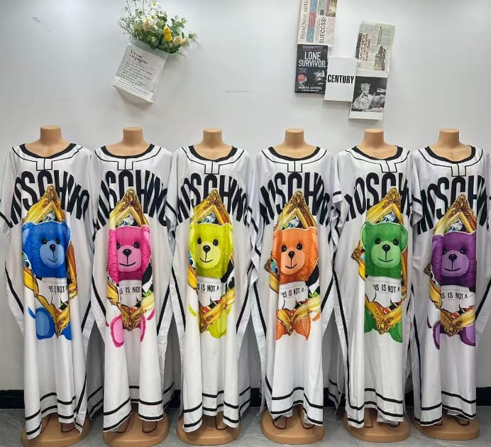 Women’s Long Sleeve Cartoon Bear Print Maxi Dress