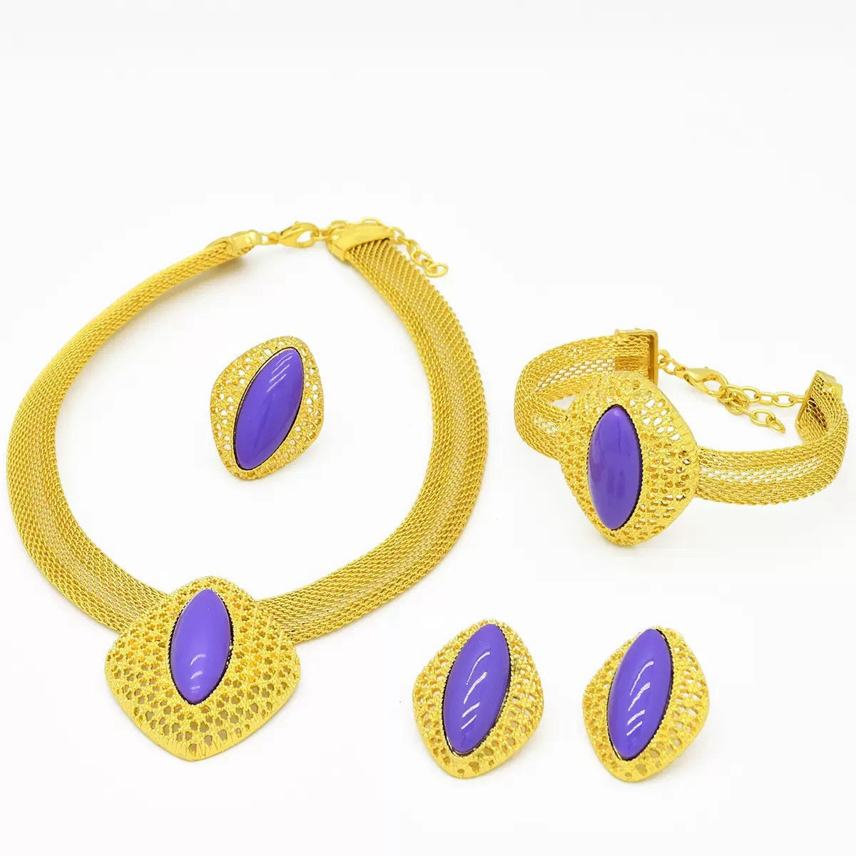 Luxury Gold Plated Purple Gemstones Necklaces for Women Set Earrings Ring Bracelet Elegant Wedding Jewelry