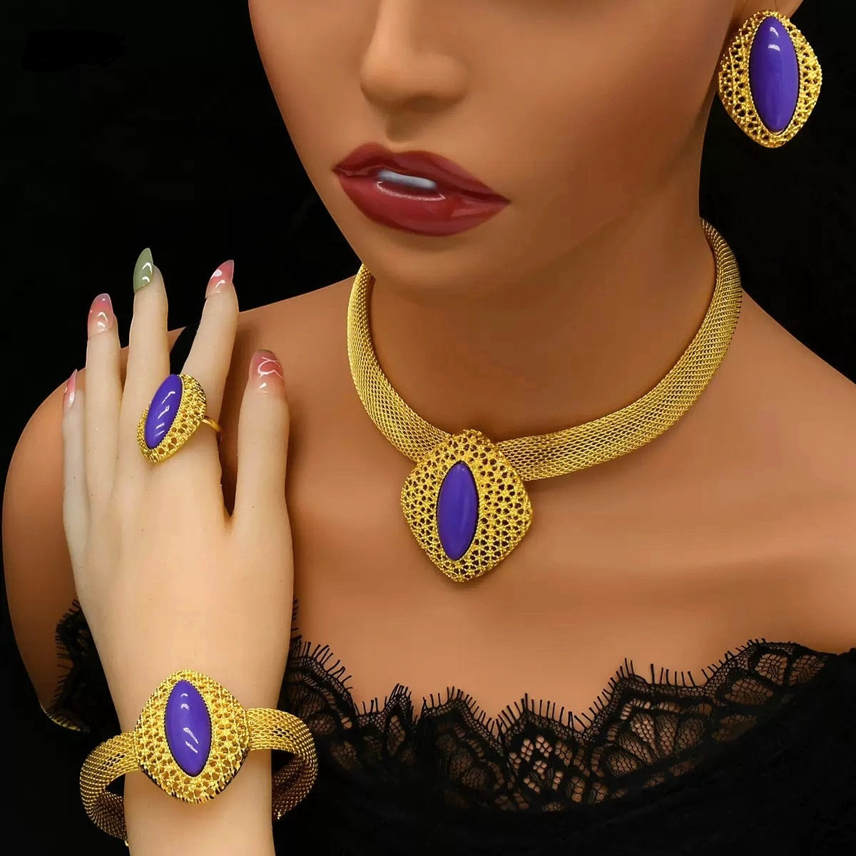 Luxury Gold Plated Purple Gemstones Necklaces for Women Set Earrings Ring Bracelet Elegant Wedding Jewelry