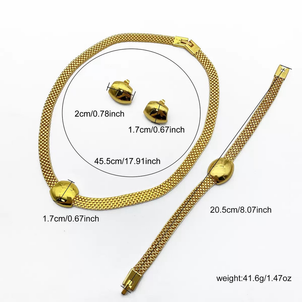 Vintage 24K Gold Plated Geometric Alloy Jewelry Sets for Bridal Wedding Jewelry Bracelet Earrings Necklaces for Women Set