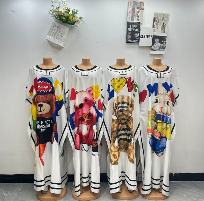 Women’s Long Sleeve Printed Maxi Dress – Colorful Cartoon Graphic Casual Dress