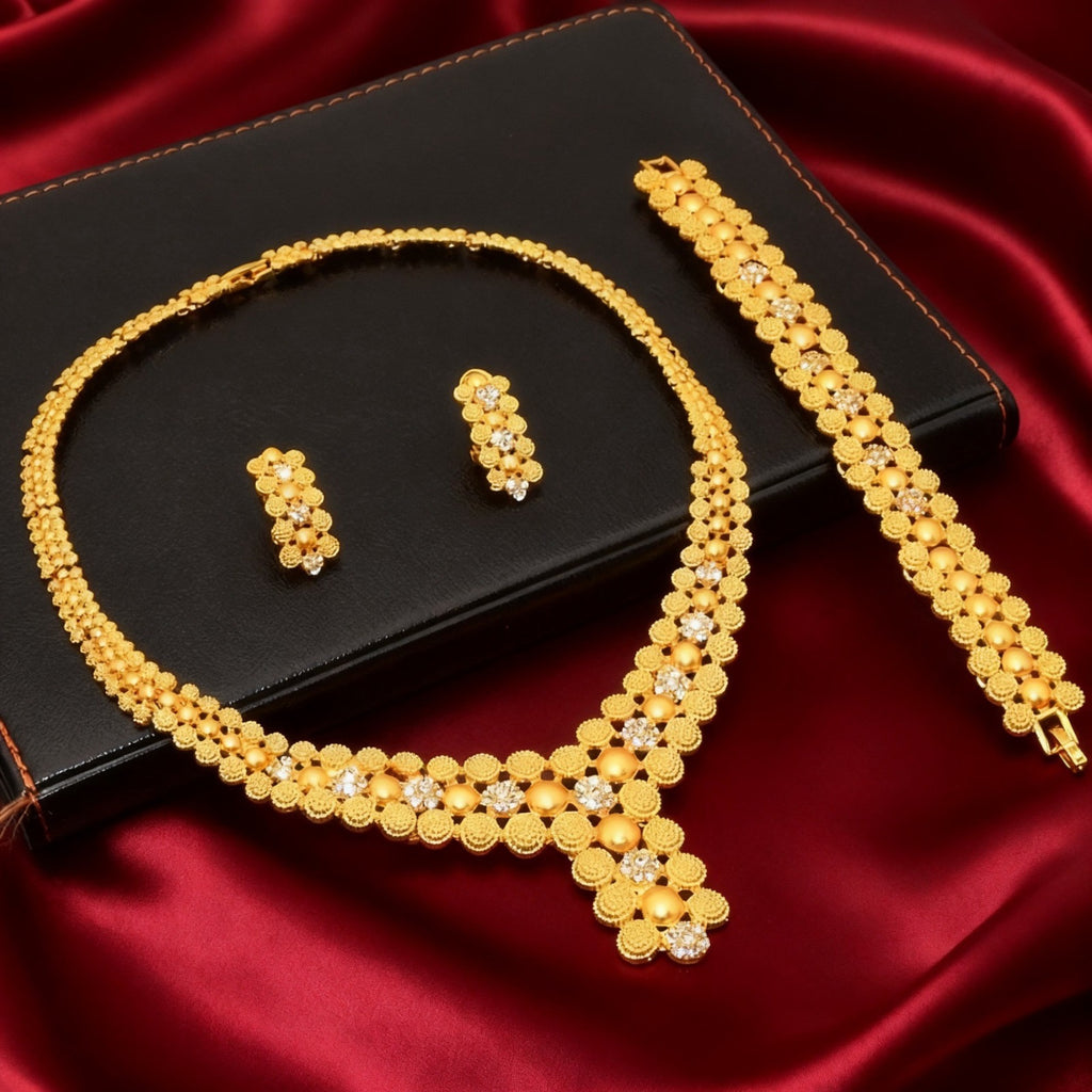 24K Gold Plated Zircon Alloy Fashion Jewelry Set Bracelet Earrings
Necklace Ring Date Party Women Set