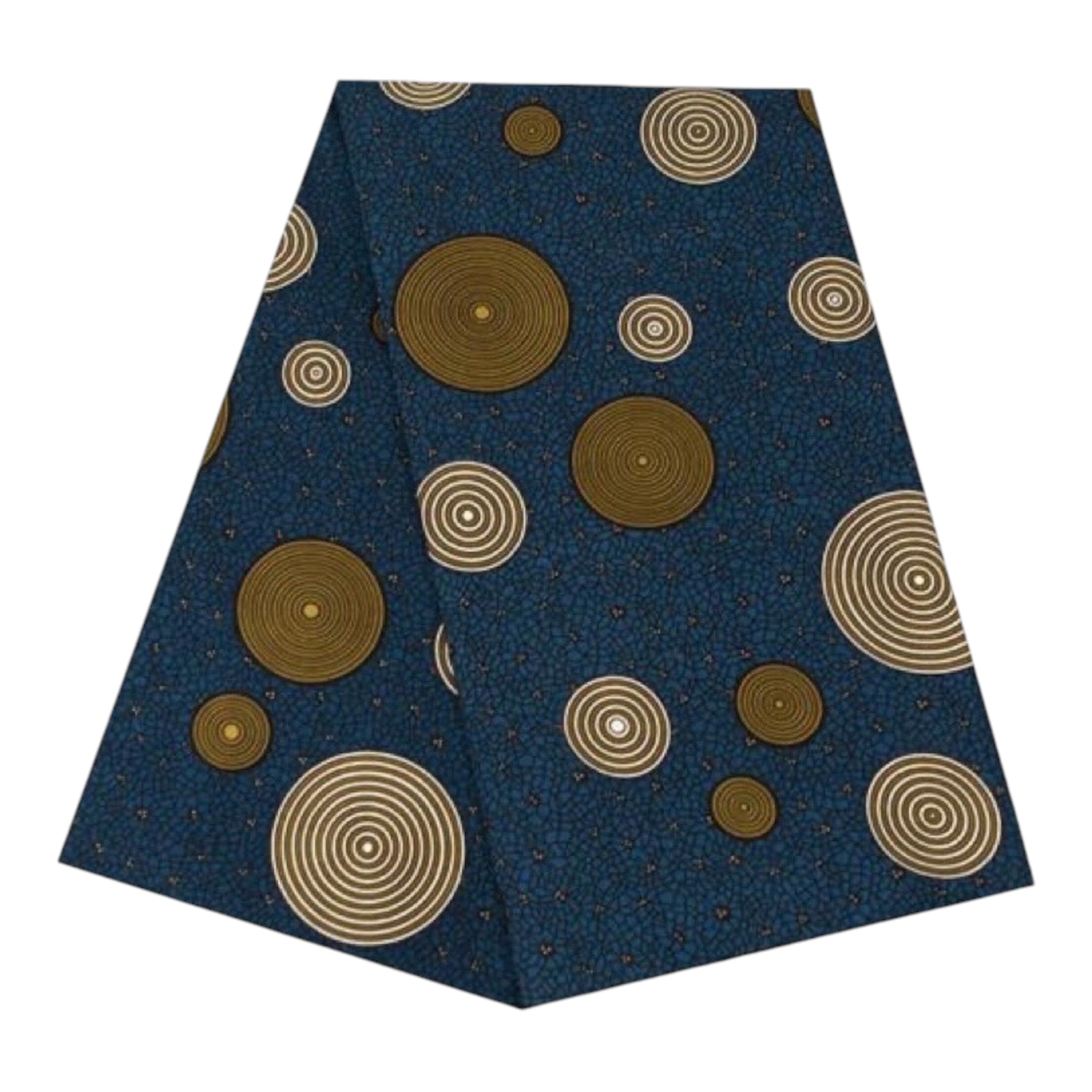 Premium African Wax Fabric Blue & Gold Spiral Dot Motif Cotton Cloth