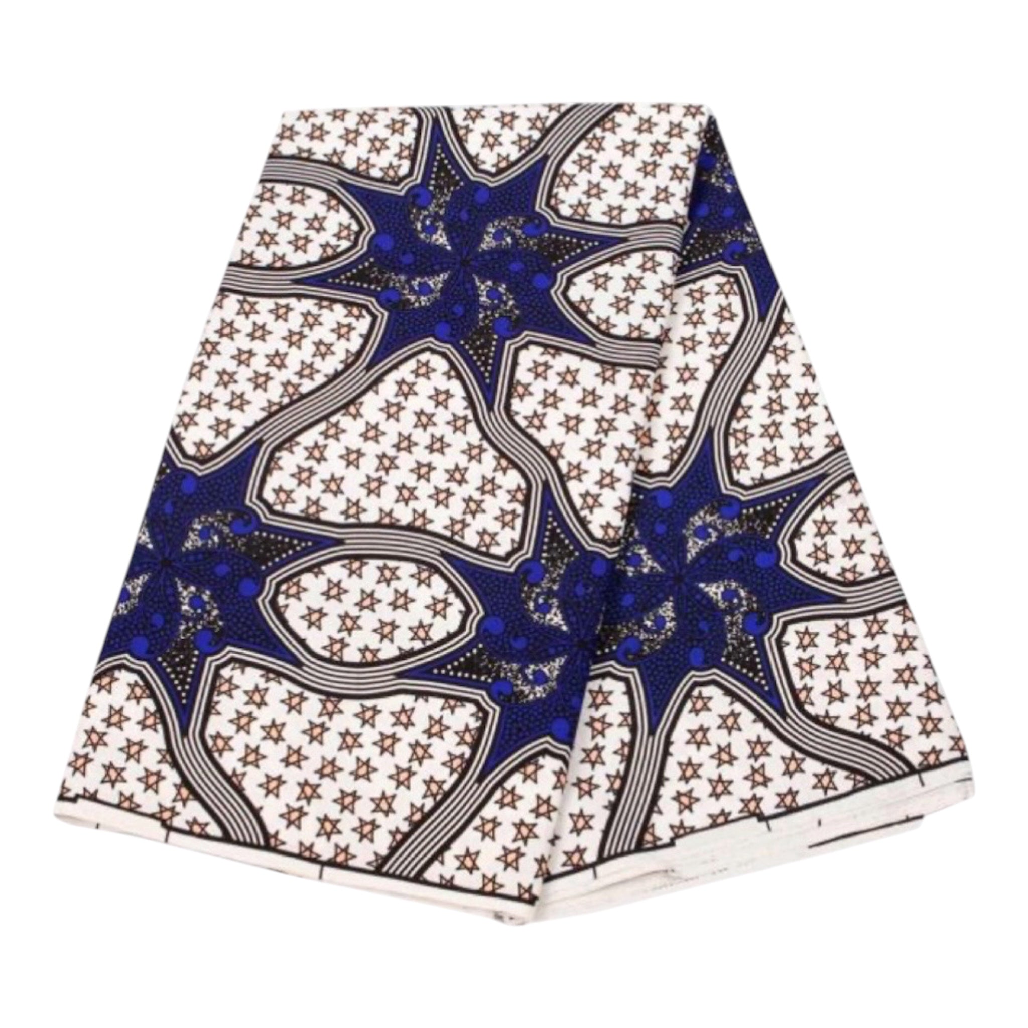 Premium African Wax Fabric Blue & White Abstract Star Motif Cotton Cloth