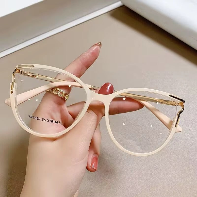 Women’s Round Cat-Eye Clear Lens Eyeglasses – Cream & Gold Frame