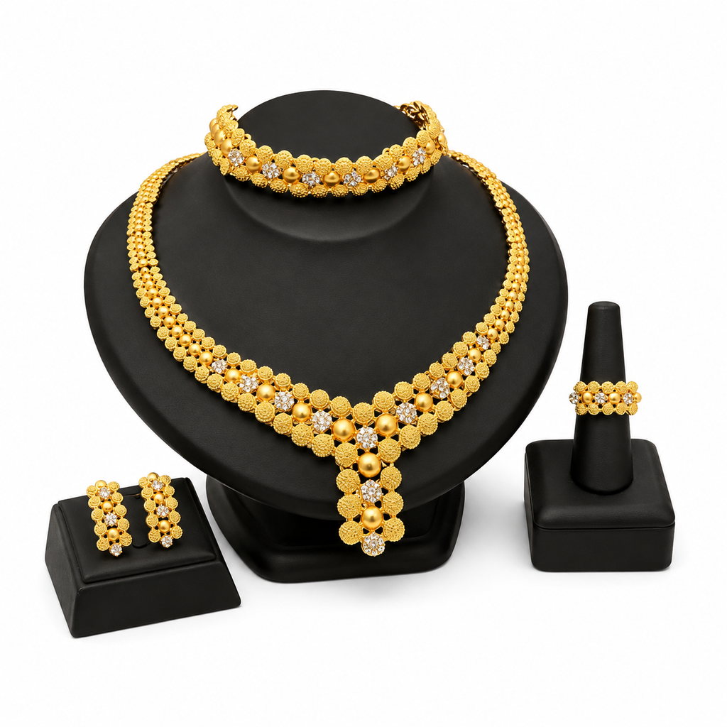 24K Gold Plated Zircon Alloy Fashion Jewelry Set Bracelet Earrings
Necklace Ring Date Party Women Set