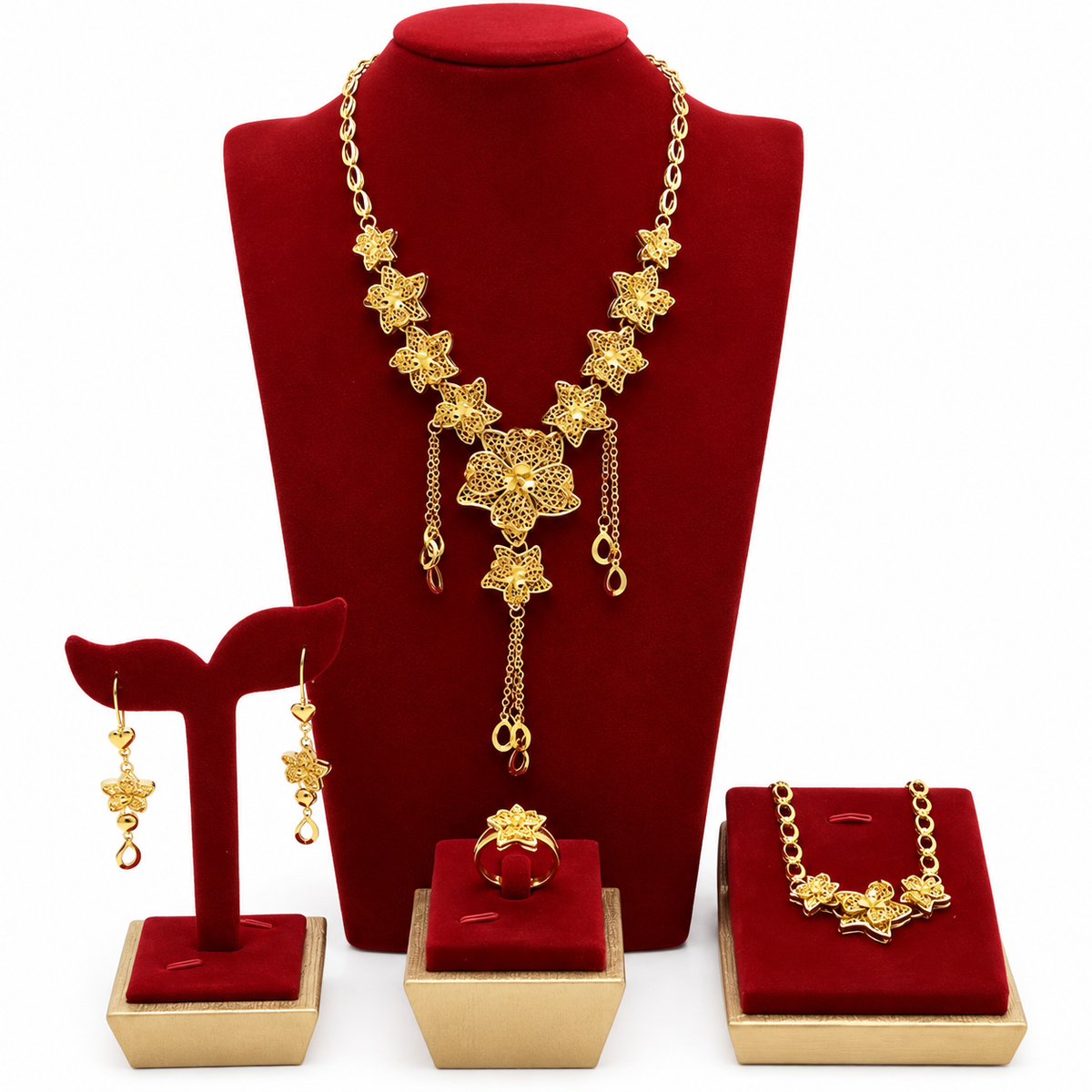 Wedding Jewelry Sets Luxury Gold Plated Fashion Trendy Flower-shaped Necklaces for Women 4 Pcs Set