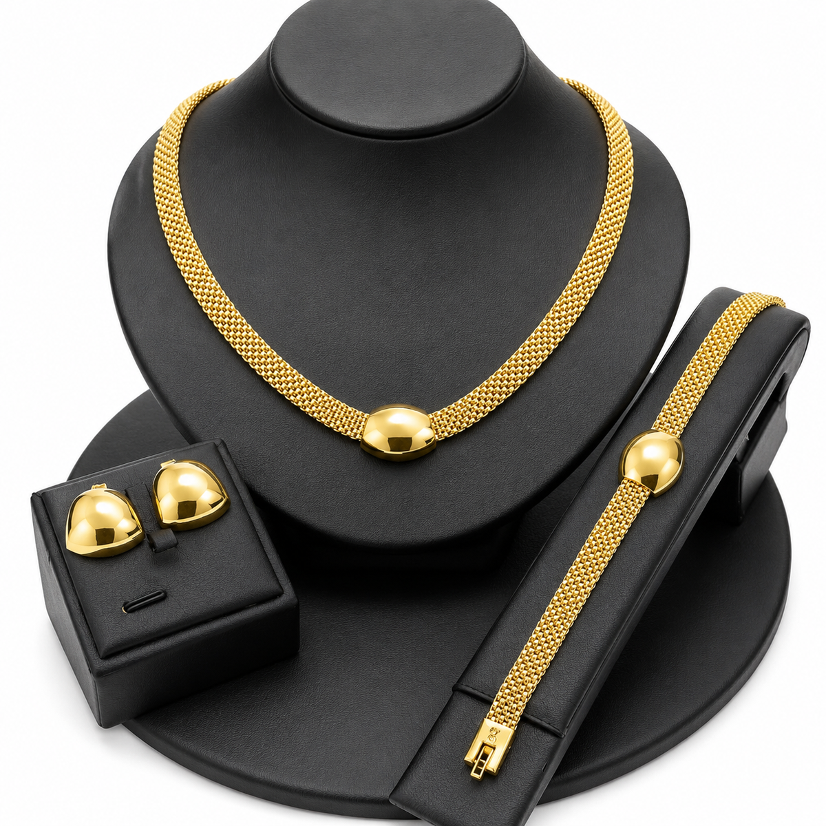 Vintage 24K Gold Plated Geometric Alloy Jewelry Sets for Bridal Wedding Jewelry Bracelet Earrings Necklaces for Women Set