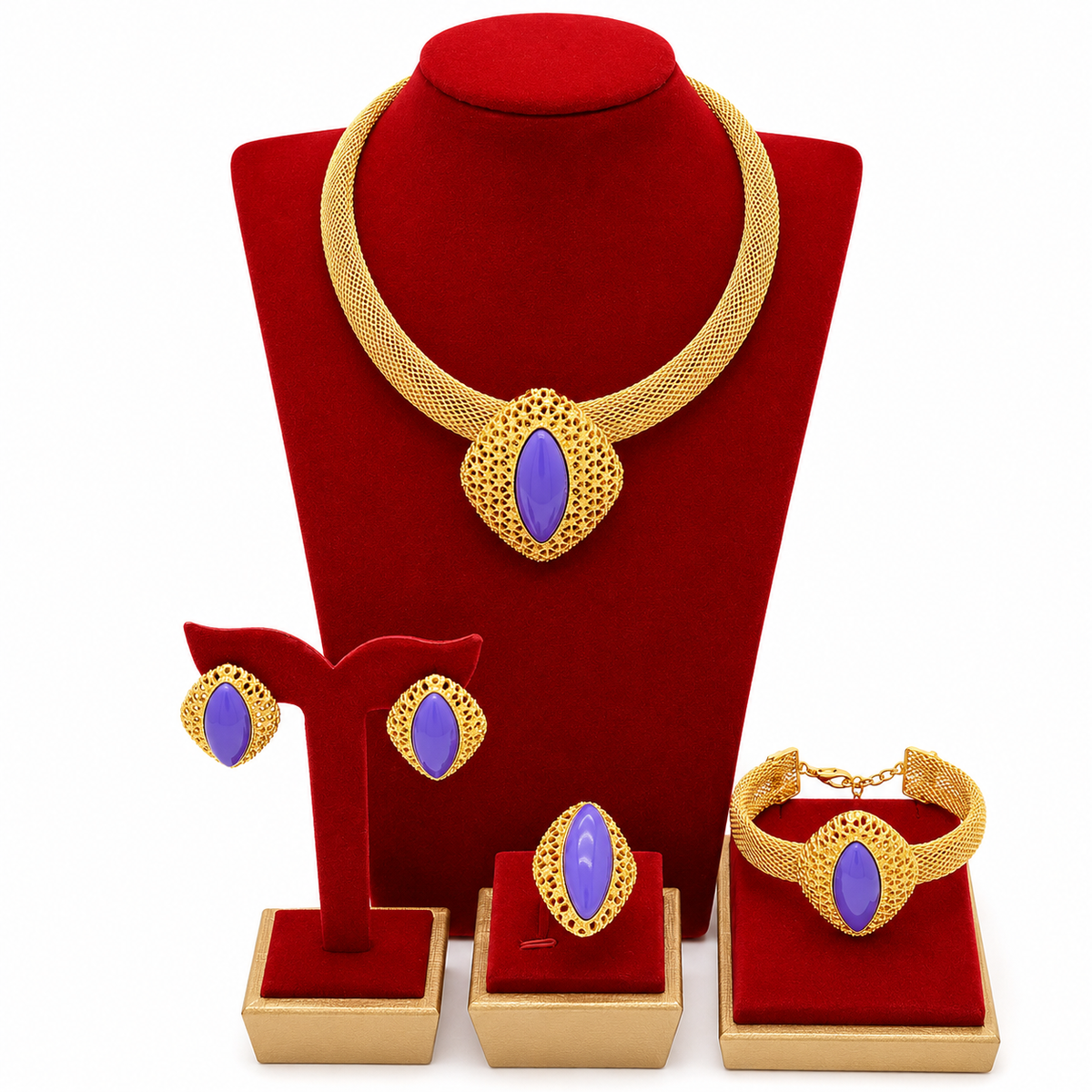 Luxury Gold Plated Purple Gemstones Necklaces for Women Set Earrings Ring Bracelet Elegant Wedding Jewelry