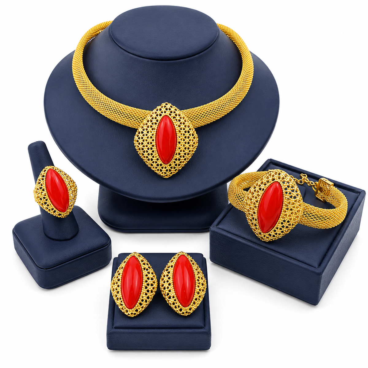 Luxury Gold Plated Red Gemstones Necklaces for Women Set Earrings
Ring Bracelet Elegant Wedding Jewelry
