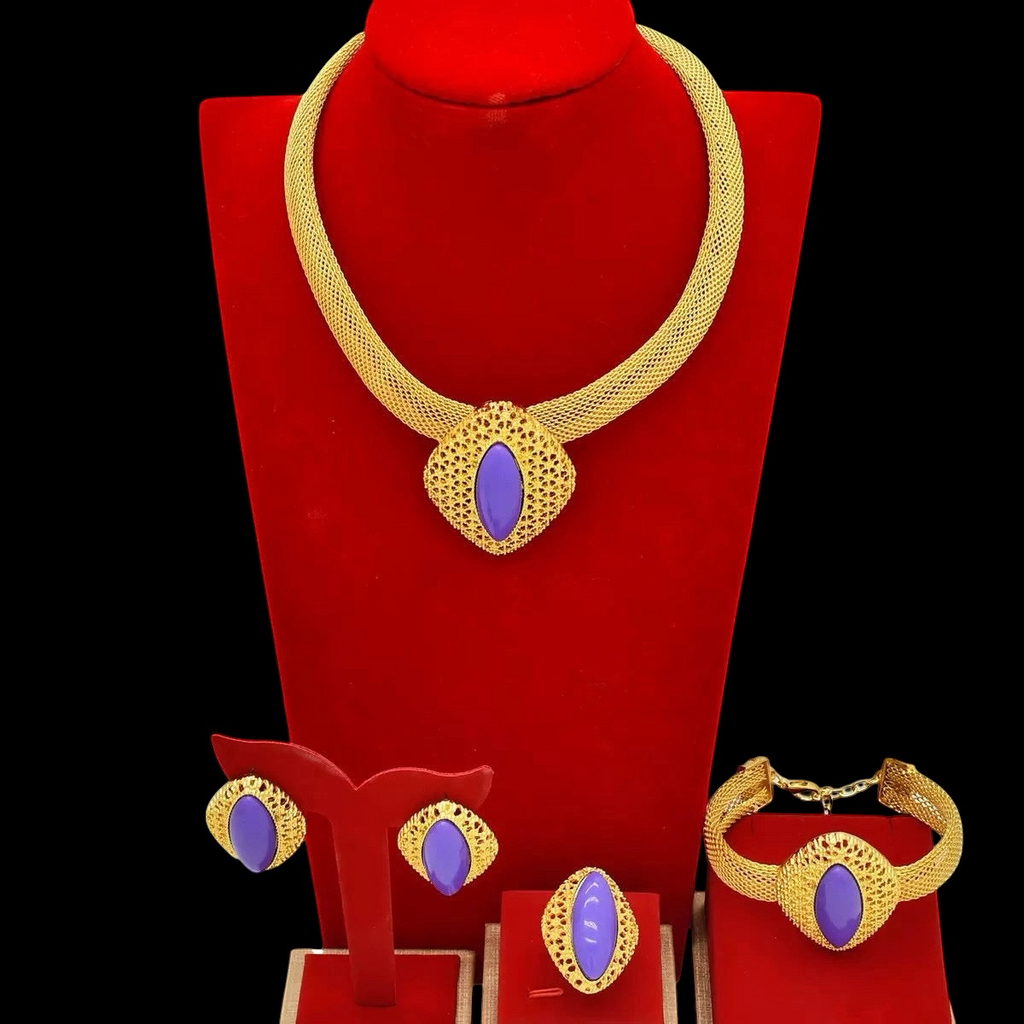 Luxury Gold Plated Purple Gemstones Necklaces for Women Set Earrings Ring Bracelet Elegant Wedding Jewelry