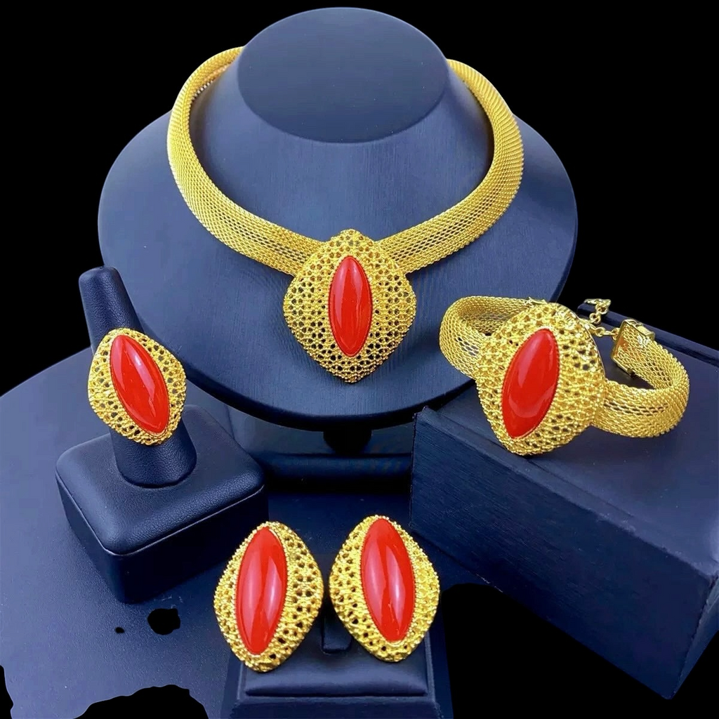 Luxury Gold Plated Red Gemstones Necklaces for Women Set Earrings
Ring Bracelet Elegant Wedding Jewelry